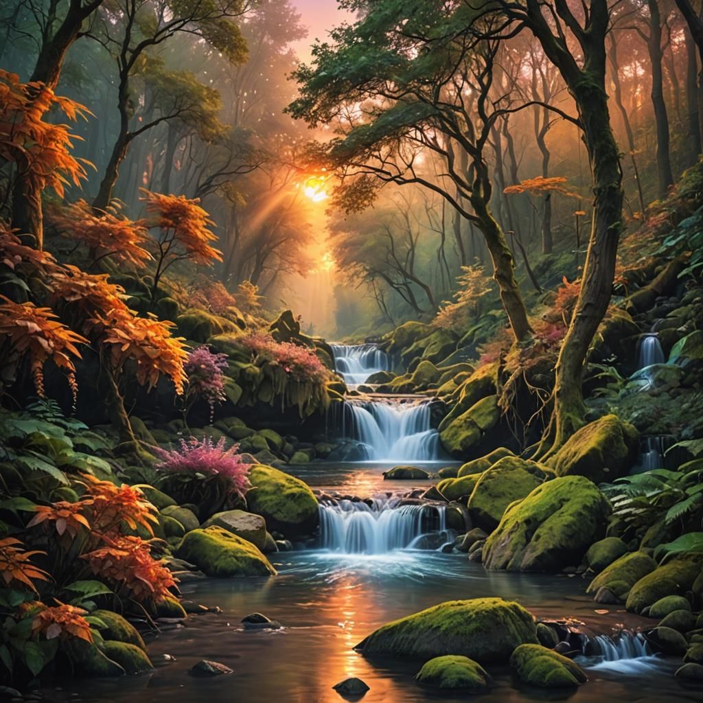 Magic forest sunset river waterfall