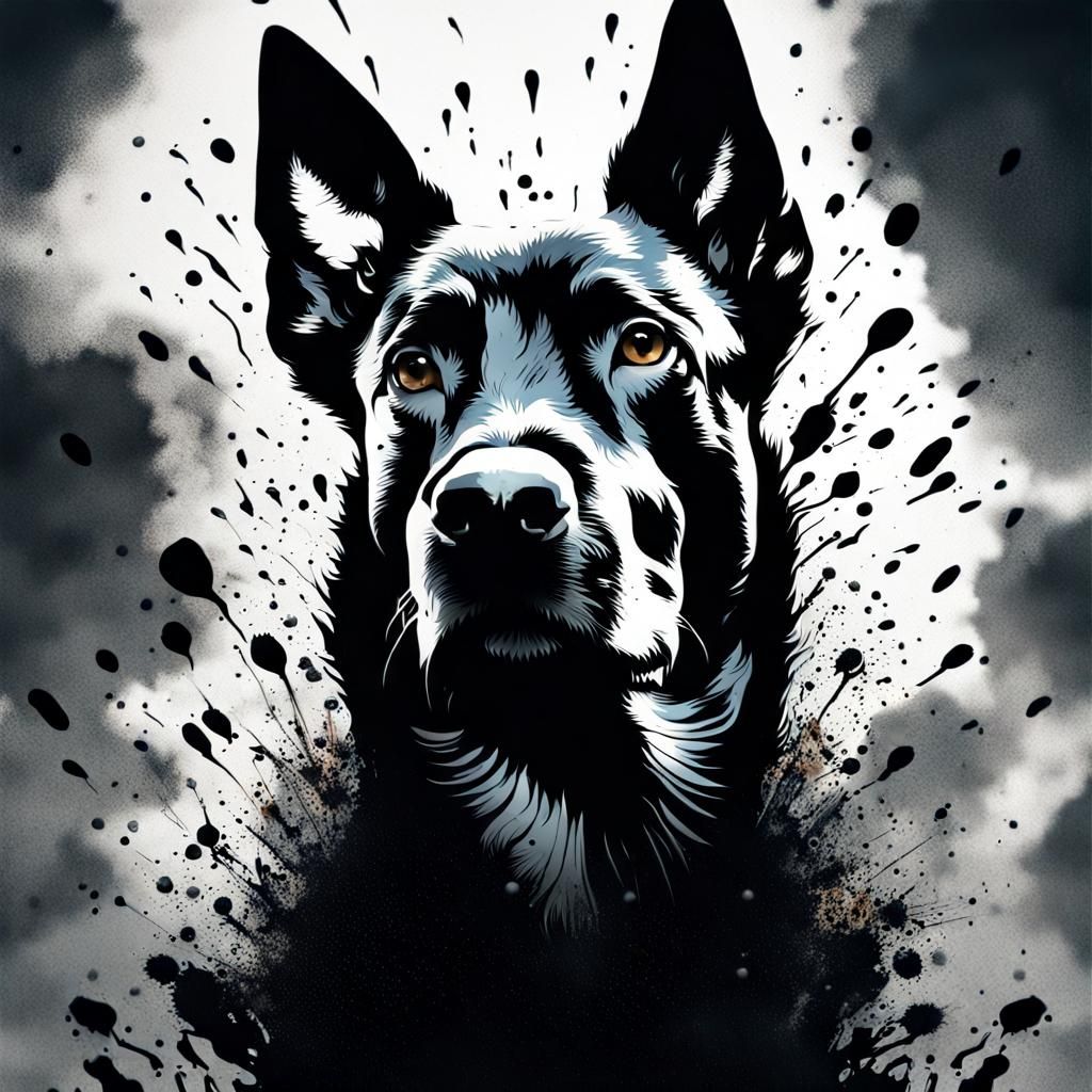 Black Ink splatter of a dog looking up,  detailed matte painting, deep color, fantastical, intricate ...  by @White Dragon
