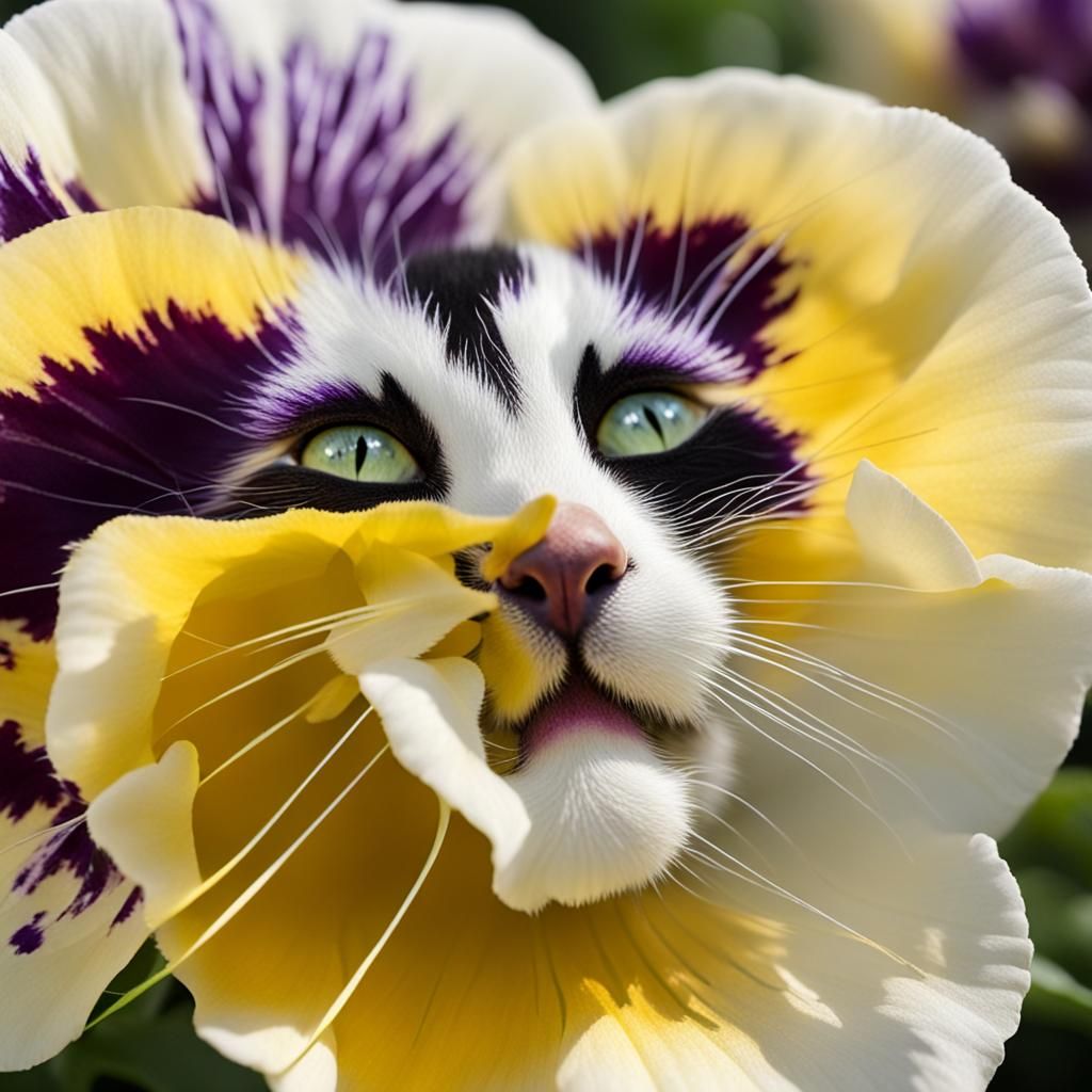 detailed picture of a single pansy flower which has a kitten...