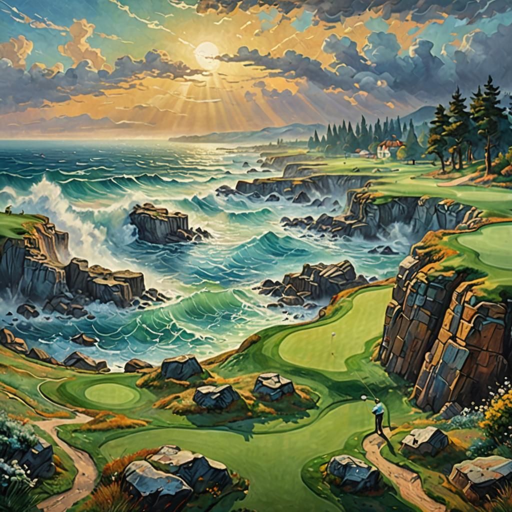 Painting Van Gogh stile. Golfer on a fairway. Golfcourse clo...