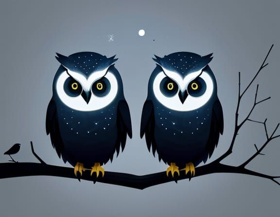 Minimalist Owls with Luminous Eyes on Starry Night Branch