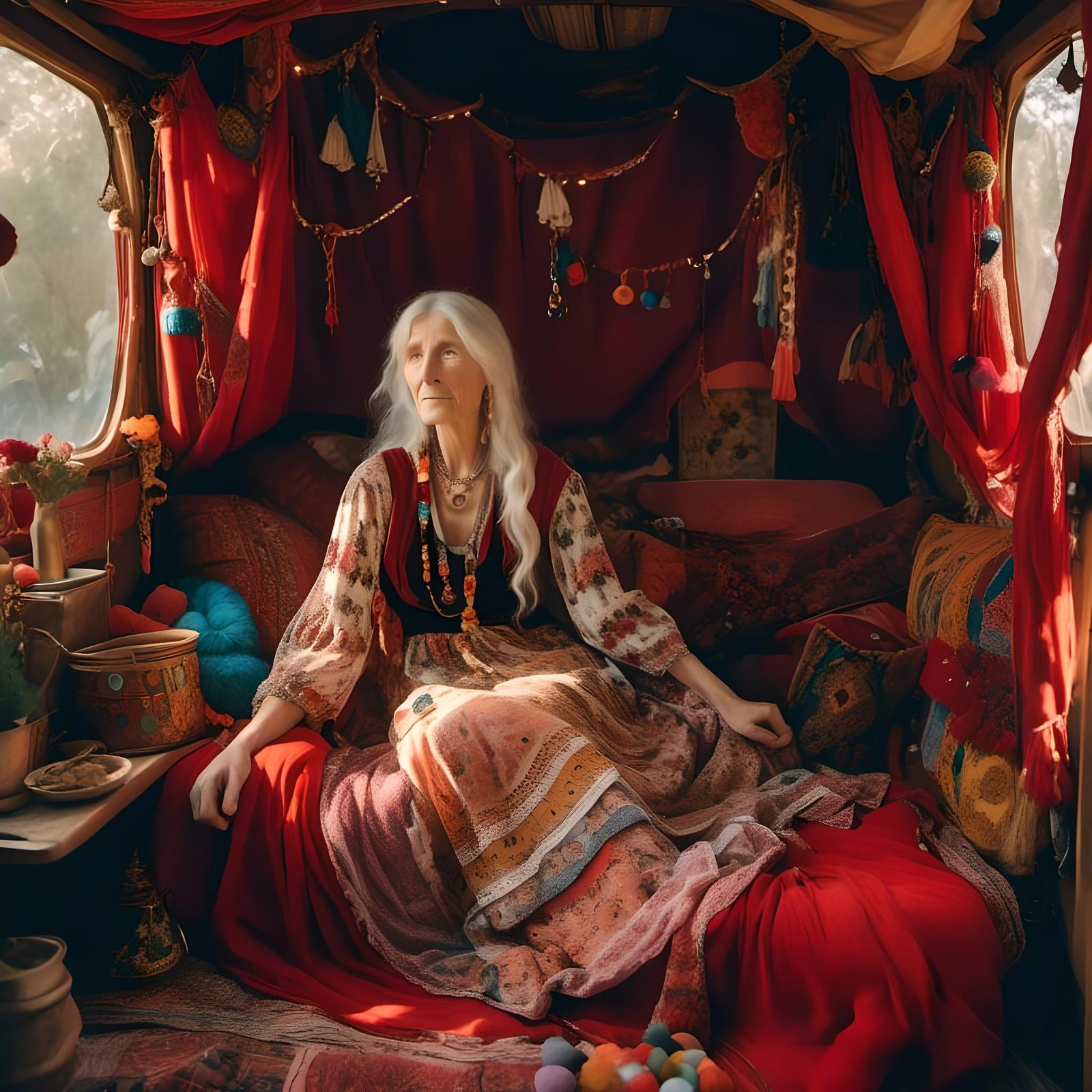 Bohemian Woman in Gypsy Wagon in Woodland