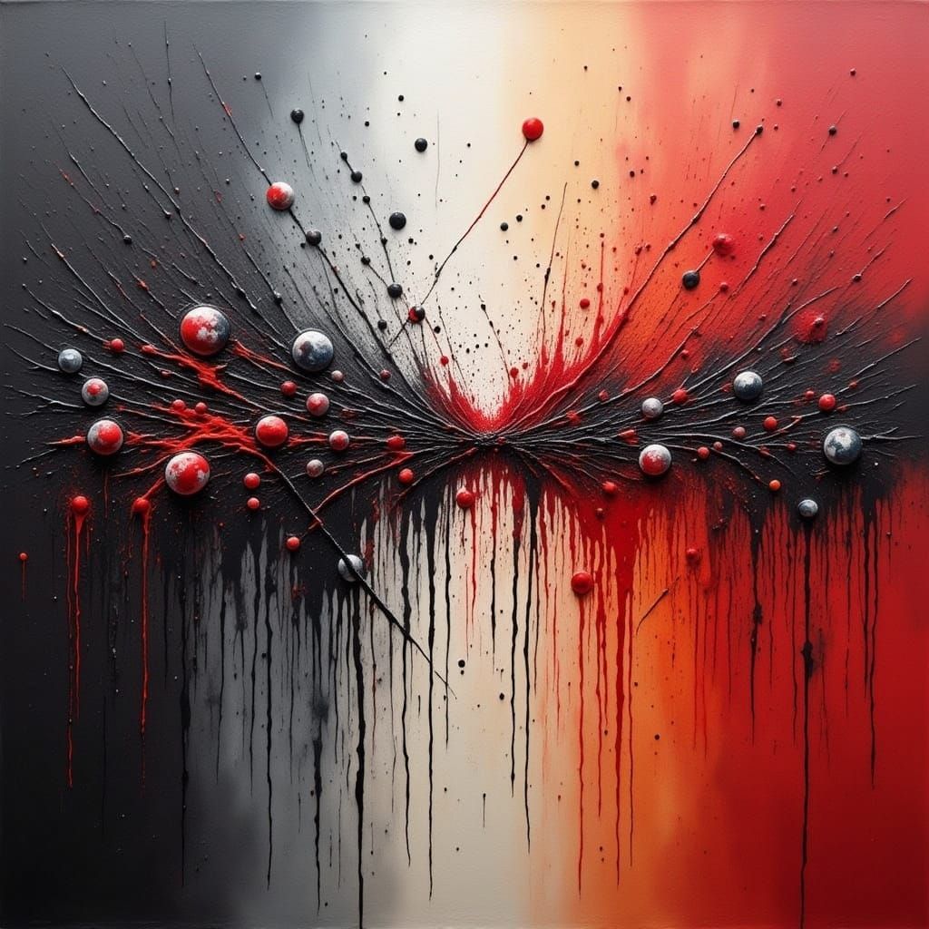 Jackson Pollock Drip Technique Abstract Expressionism style of three colors of black, grey and red