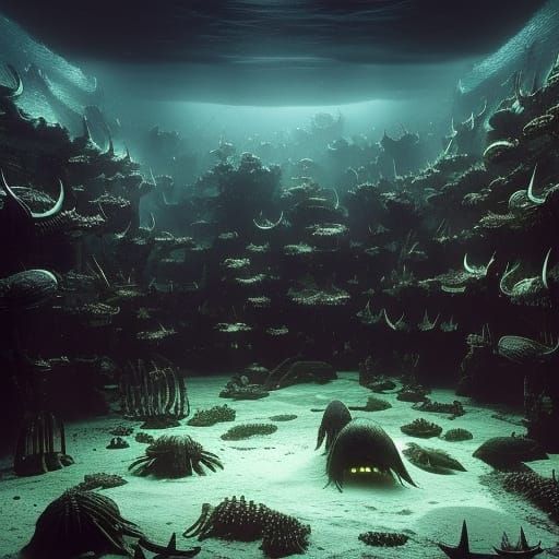 A nightmarish underwater scene with plethora of strange creatures ...