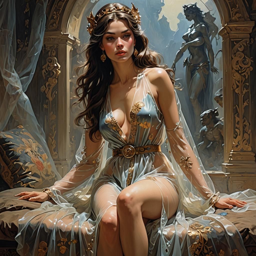 Beautiful princess in an open see-through robe in the style ...