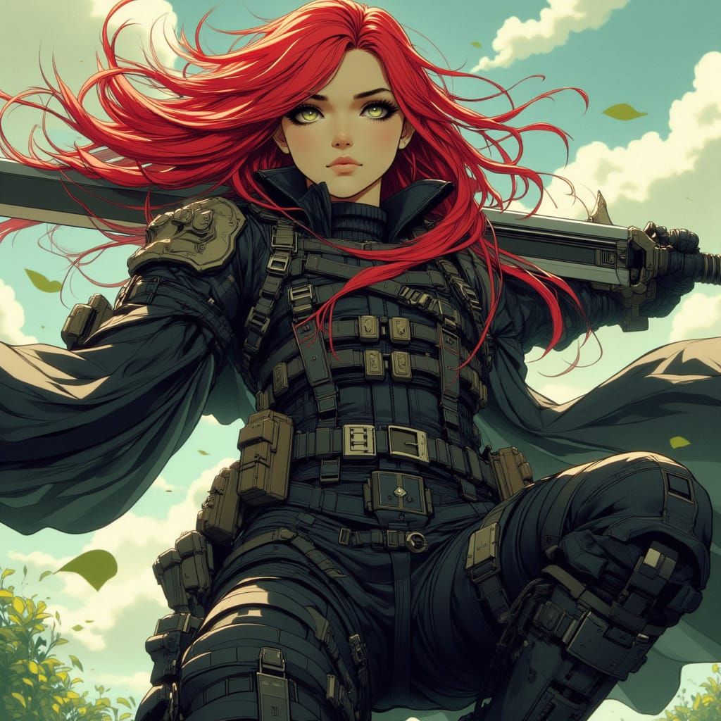 <lora:Studio Academia:1.0> red hair female. front face profile. manga. attack on Titan in modern outfit. pale skin ..studio Trigger. shot, c...