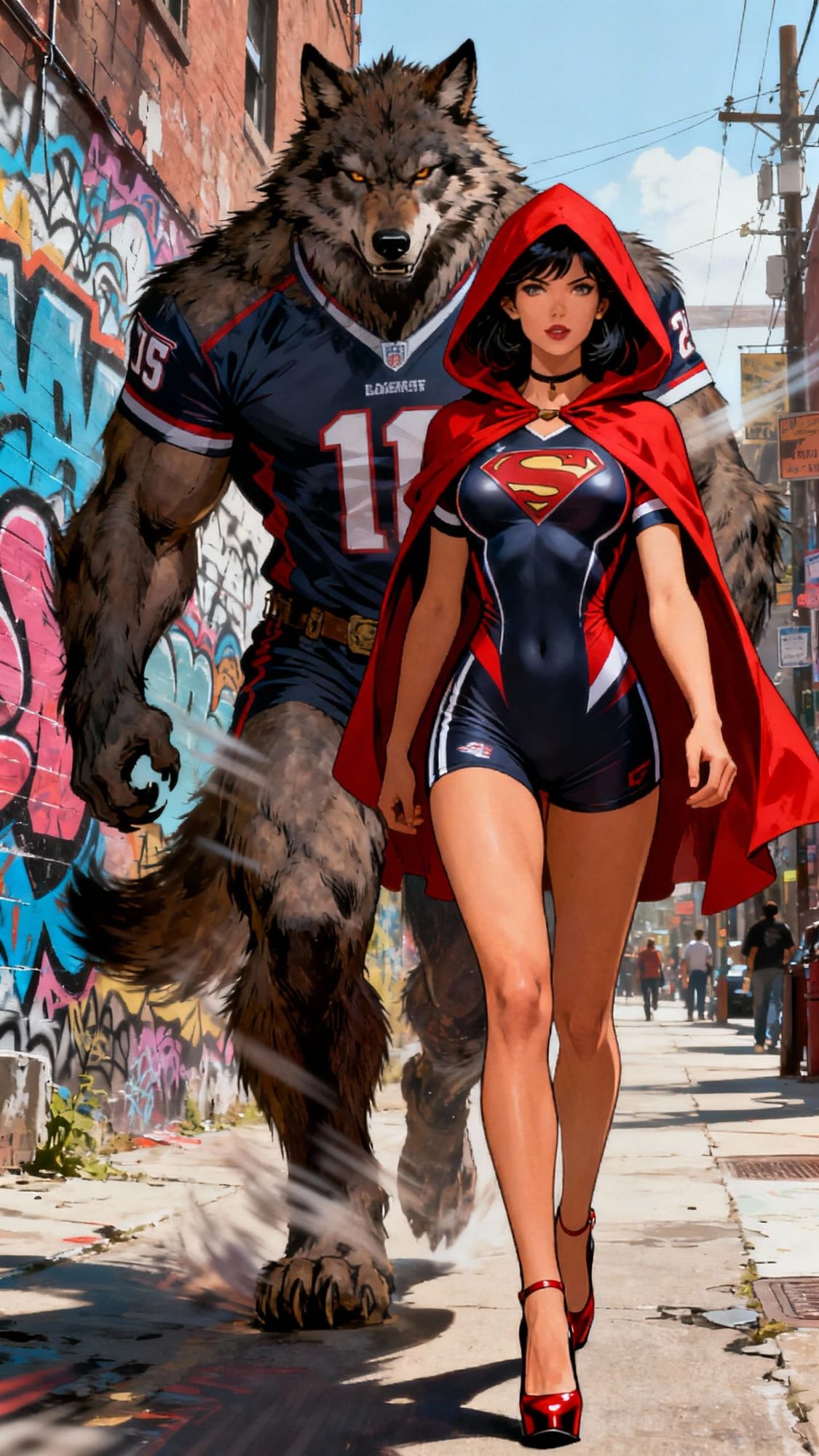 <lora:Double Photoreal v2:1.0> <lora:Dark Portraits:1.0>   Both Little Red Riding Hood and a muscular  Wolfman/Werewolf walking towards the ...