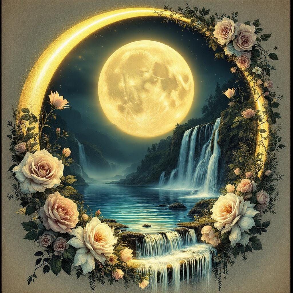 Golden Crescent Moon Waterfall Digital Art