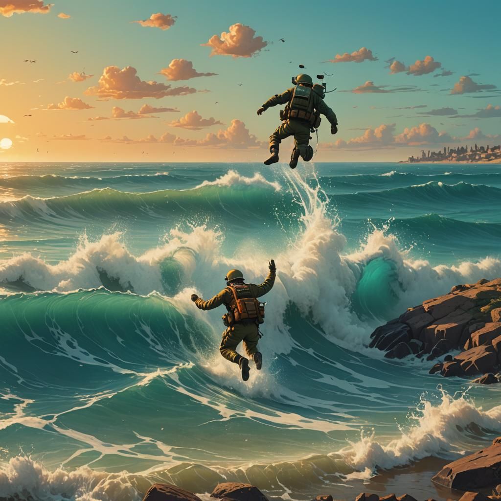 Soldier's Heroic Ocean Rescue: Stalenhag-Rutkowski Style