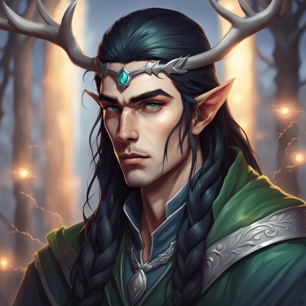 male elf wizard with serious demeanor, amber colored skin, long dark ...