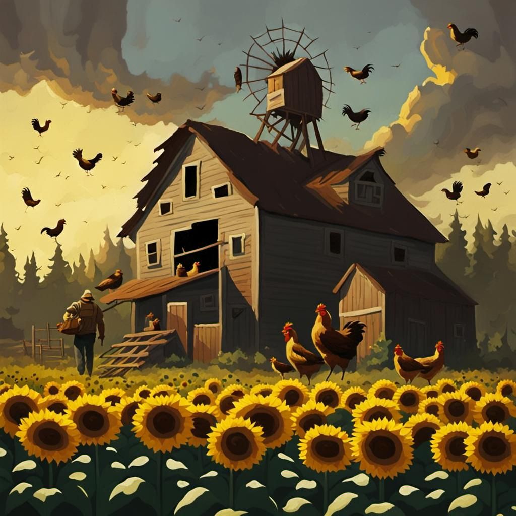 Giant Sunflower Ruler with Tiny Chicken Minions - AI Art