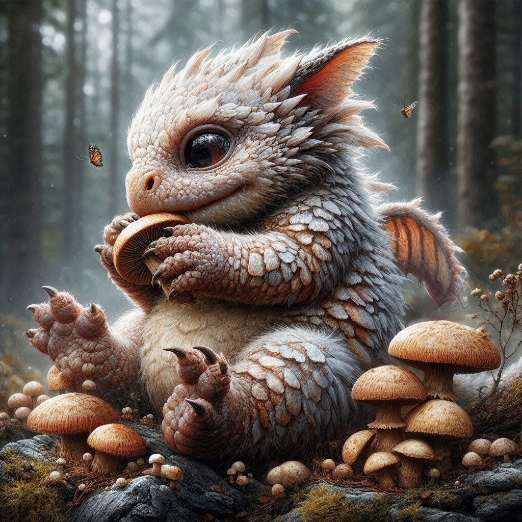 Baby dragon eating mushroom