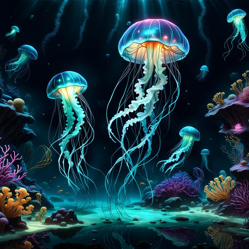 Ocean Creatures: Bioluminescent symphony: Jellyfish  by @nishinishand