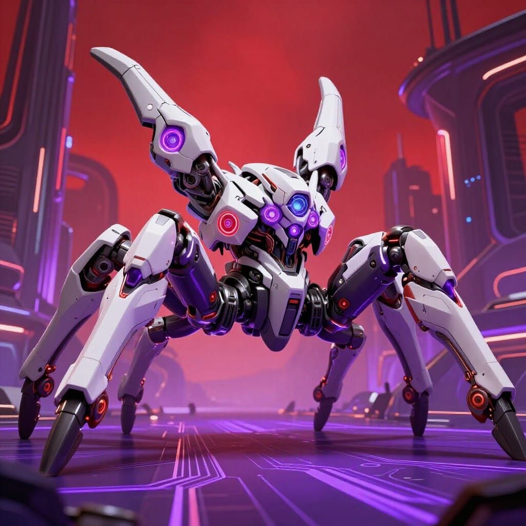 An angled view of an awesome, sleek, aerodynamic, colossal, extremely detailed and alien-looking 4-legged quadruped spid...