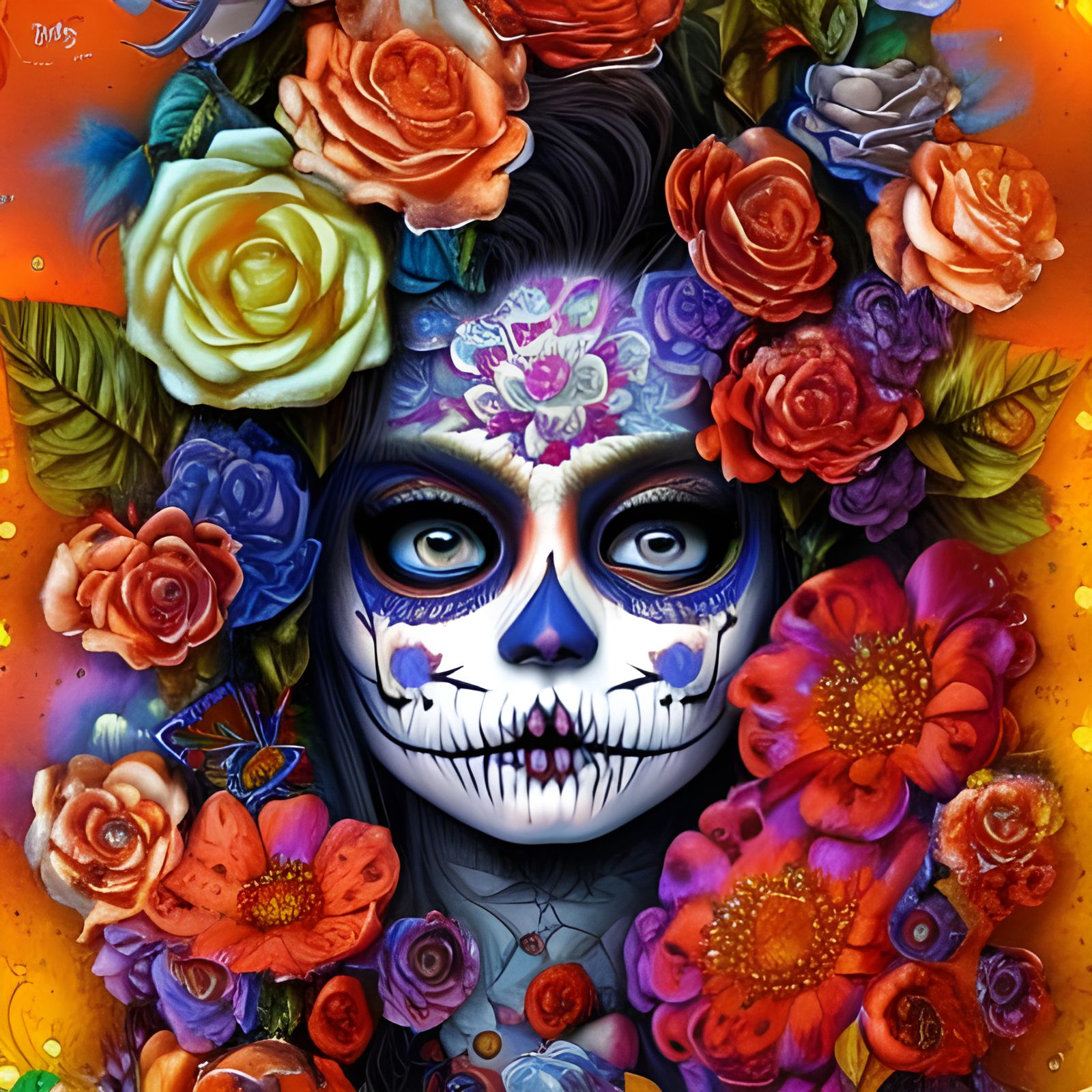 realistic detailed psychedelic poster art of a cute Día de l...