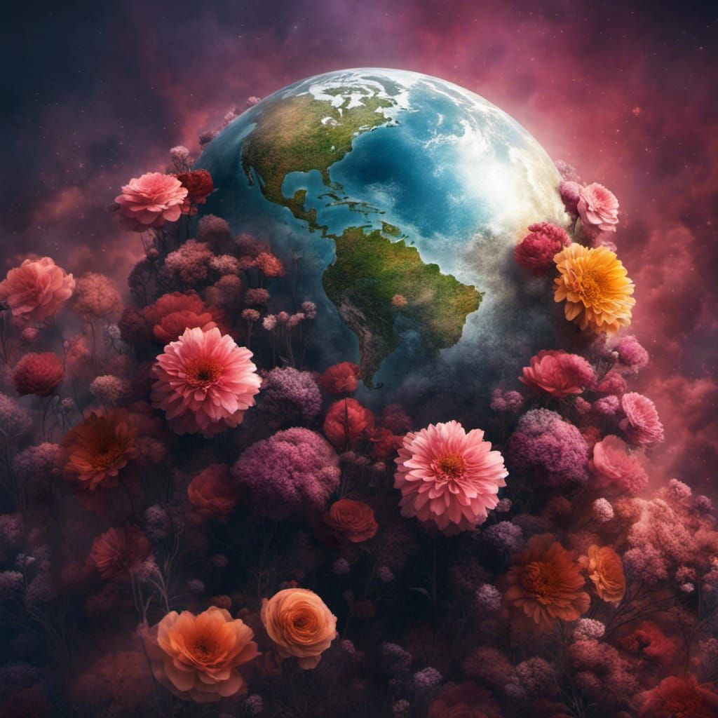 Realistic planet earth growing out of beautiful flower, different coloured  flowers as country's, by Universal Pictures, Hollywood , NASA,pro - AI  Generated Artwork - NightCafe Creator
