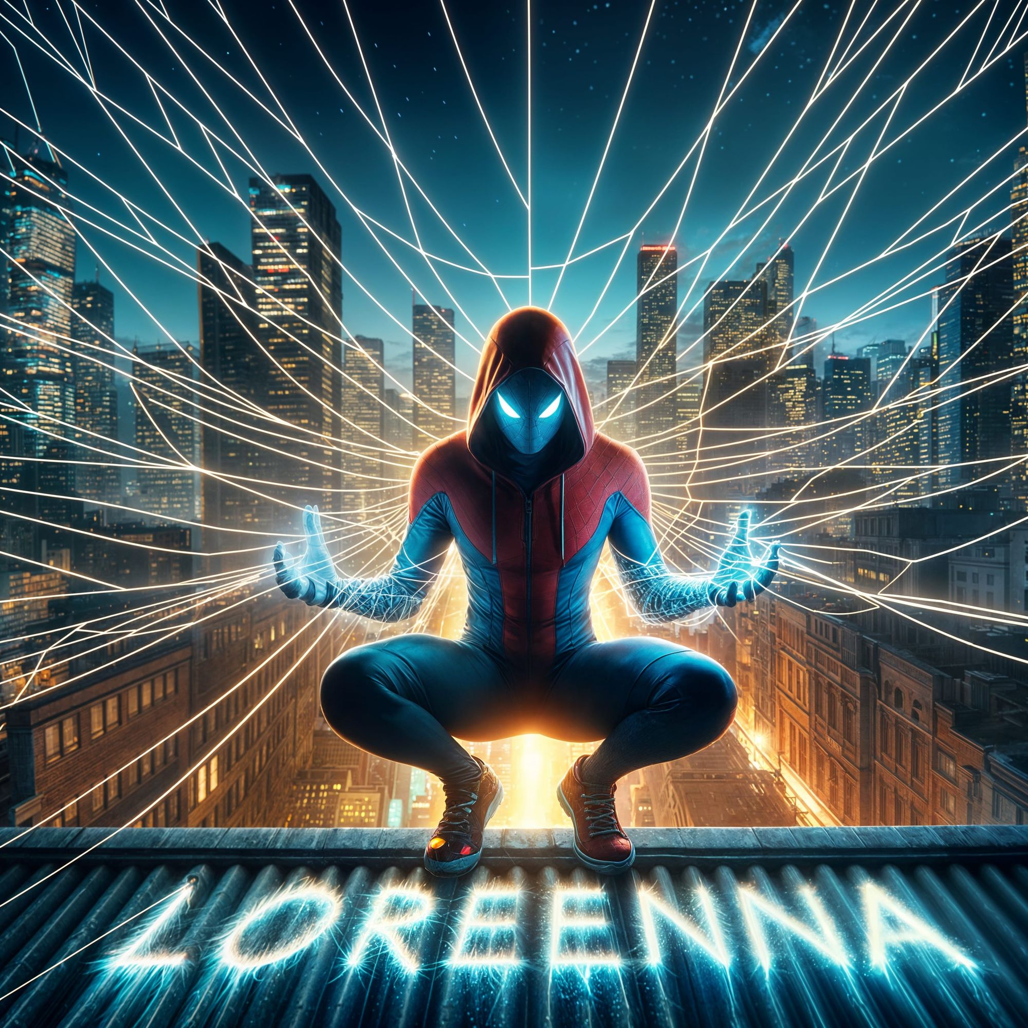 Ultra realistic cinematic artwork of Spider-Man at night in New York City, standing on a rooftop, holding glowing spider webs stretched betw...