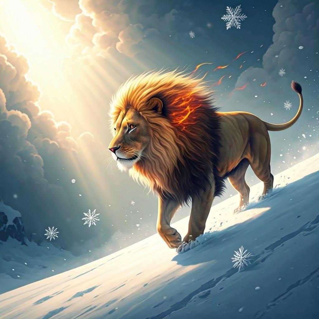 Lion in Snow Bathed in Divine Light