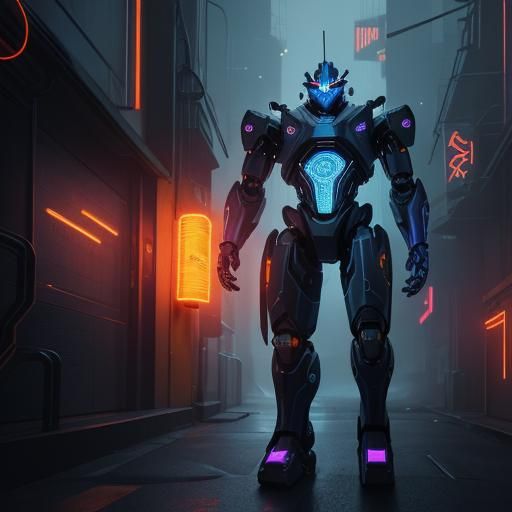 Cyberpunk Robot in Misty Alleyway