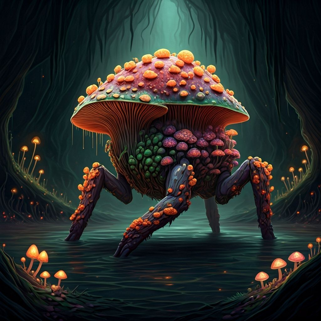 "Create a dark fantasy image of a smaller Corrupted Mushroom Beast, a compact, four-legged creature made entirely of vibrant mushrooms. Its ...