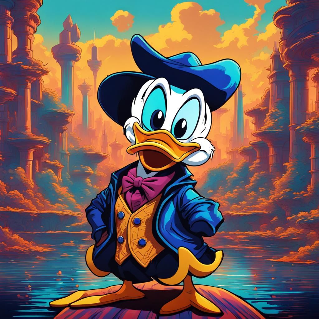 a pop art-style digital painting depicting the Donald duck in a scene ...