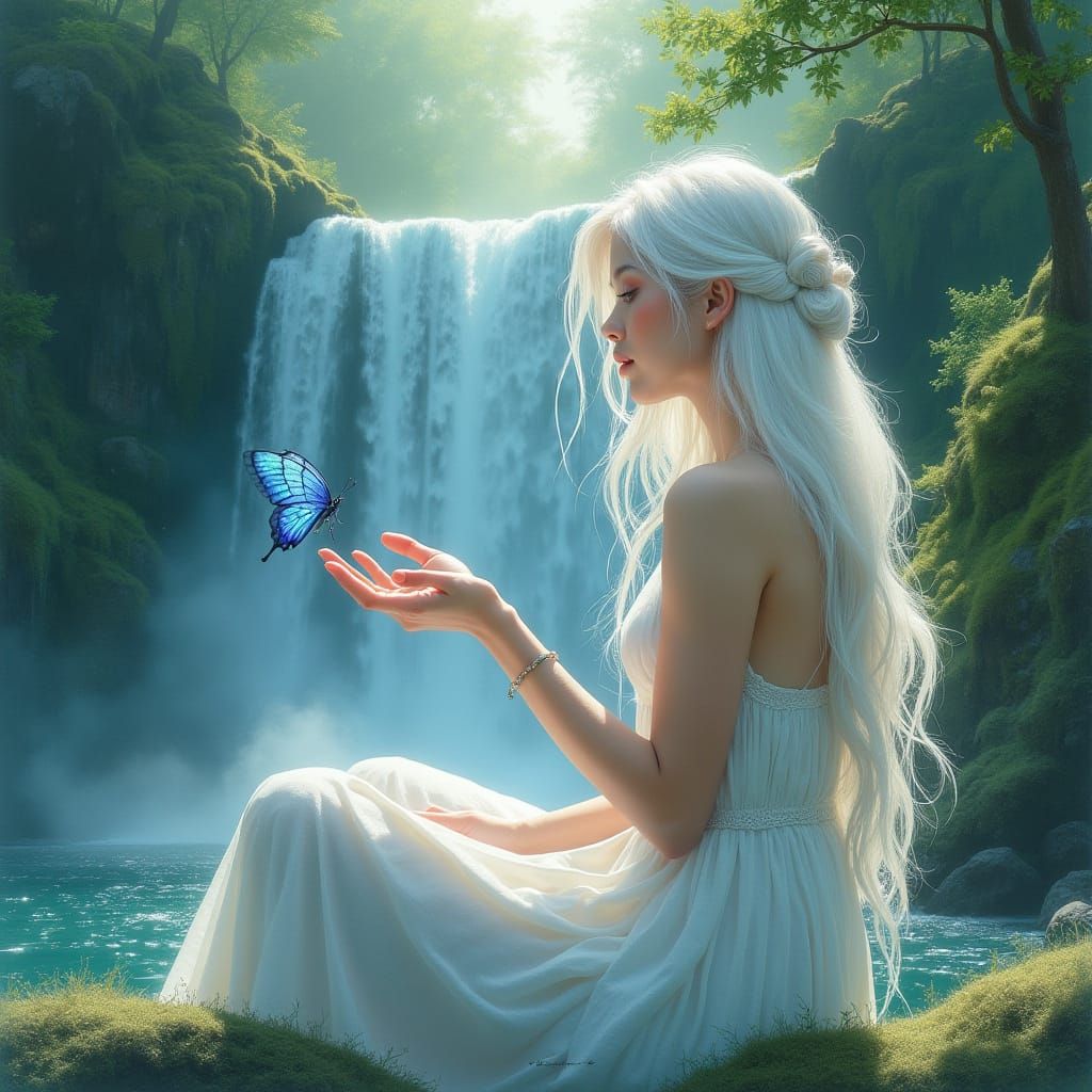 Ethereal Goddess Amidst Waterfall Serenity
