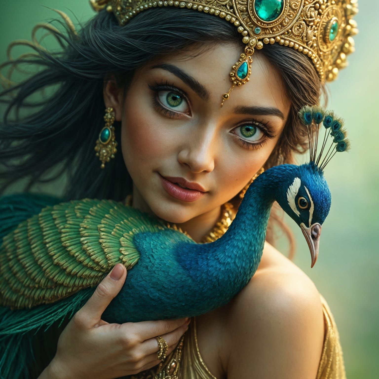 A closeup portrait of the Goddess Lakshmi with her Peacock friend