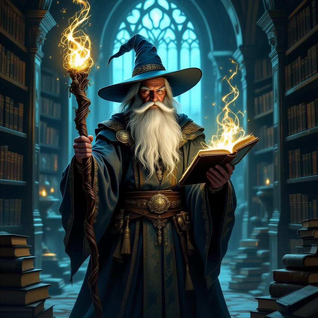 Elderly Wizard with Glowing Staff in Mystical Library