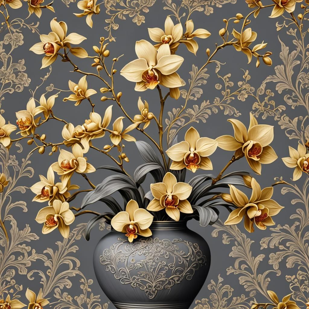 Golden orchids in a grey matte ceramic vase, decorated with ...