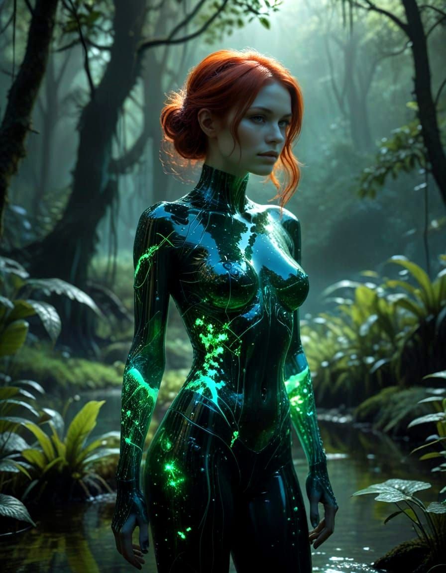 Neon Gothic Fusion: Rainforest Woman in X-Ray Double Exposur...