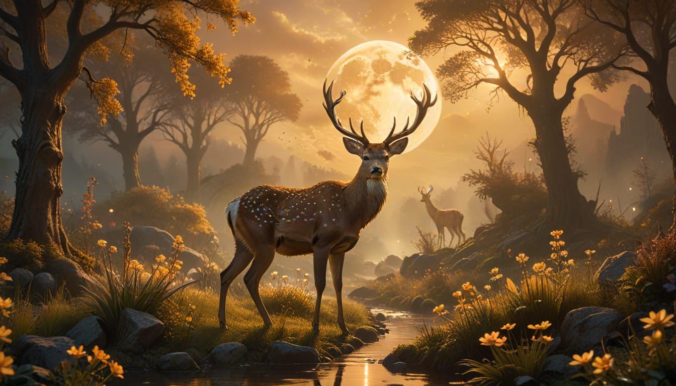 A mystical deer stands in a fantasy garden, bathed in the soft glow of the golden hour. The deer's antlers ...  by @The Carlyle