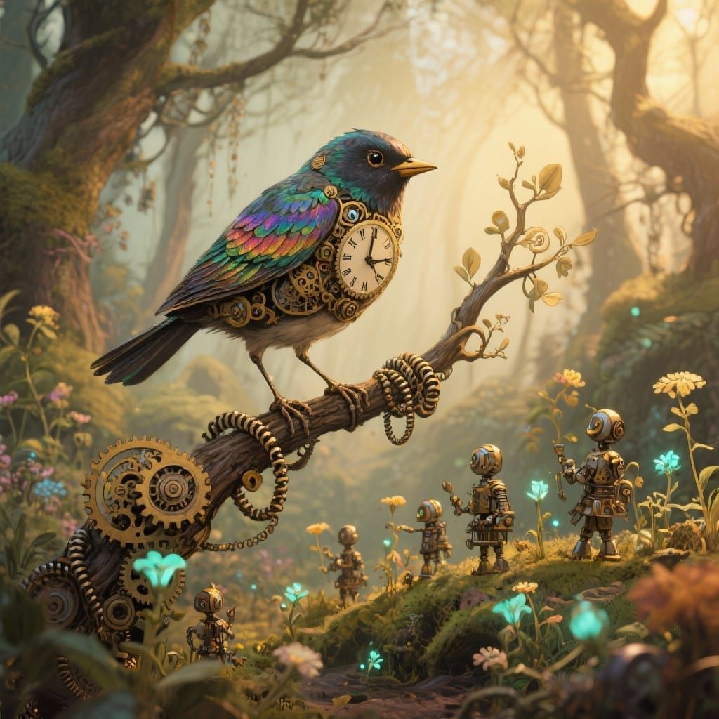 A whimsical, clockwork bird with iridescent feathers perches on a branch made of intertwined gears and springs. It surveys a miniature, ench...
