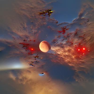 A vermilion coloured moon in the center with a large spacesh...