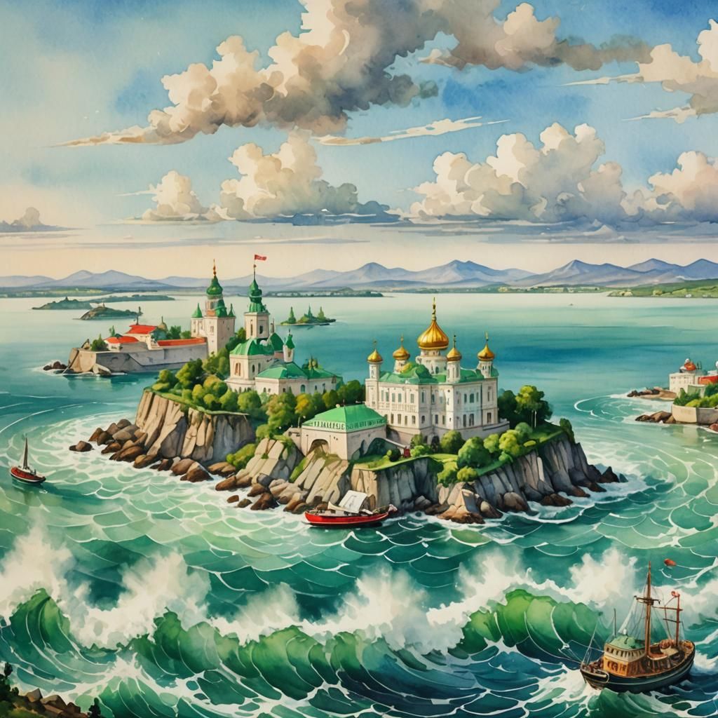 Russian Palace on Island in Watercolor Sea