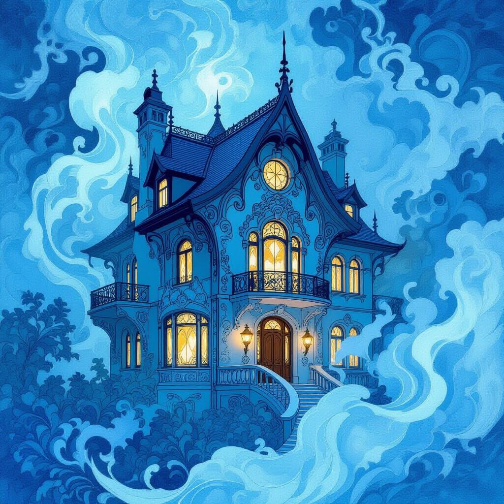 A magical house emerges from a blue and dull silver green smoke in a vintage art style. Creative. Amazing details.