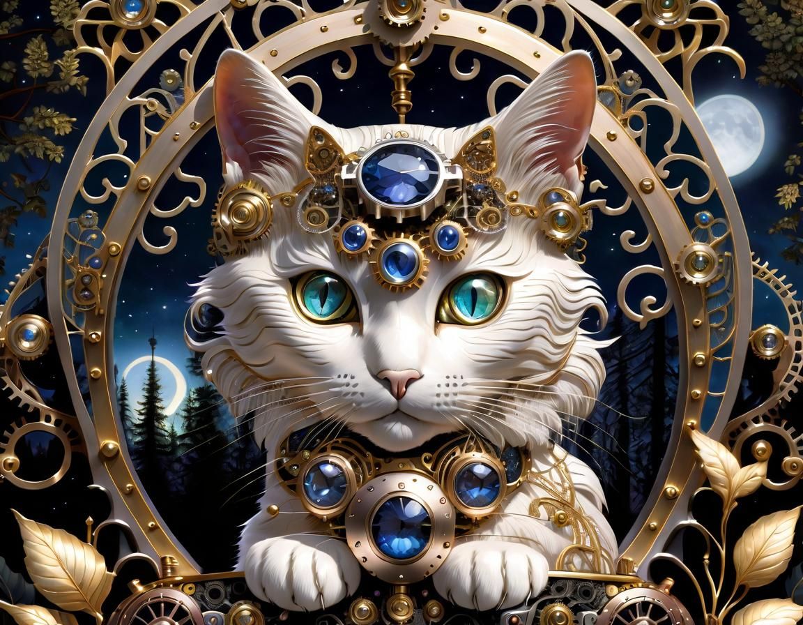 Steampunk Cat with Sapphire and Opal Filigree