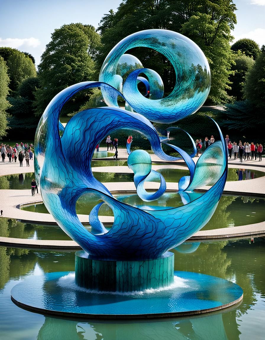 Blue transparent glas and water sculpture of high waves inst...