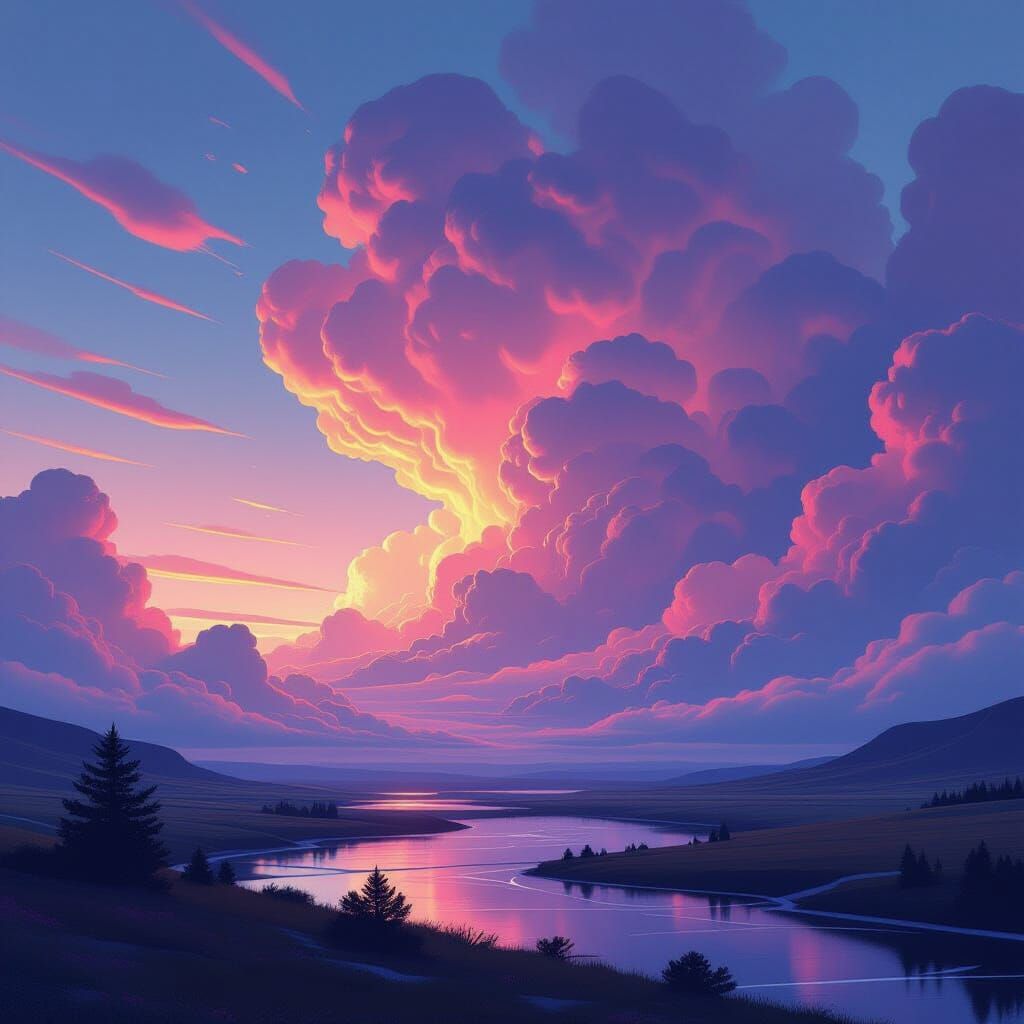 Ethereal Landscape with Swirling Clouds in Digital Art Style