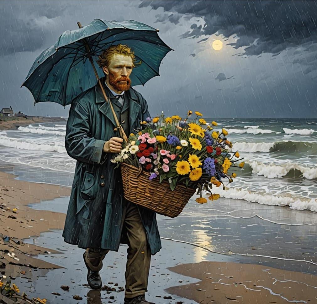 Van Gogh in the rain holding broken umbrella, with basket of flowers, wet beach, waves rolling, stormy dark sky, dusk low light