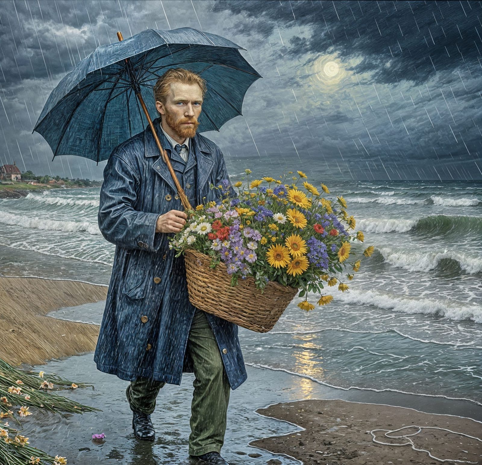 Van Gogh in the rain holding broken umbrella, with basket of...