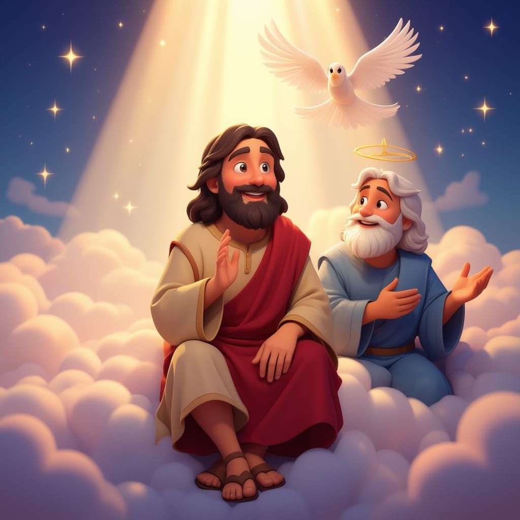 Crie uma ilustração no estilo cartoon 3D, com acabamento suave, expressões amorosas e atmosfera acolhedora Mostre a Santíssima Trindade:
Deu...
