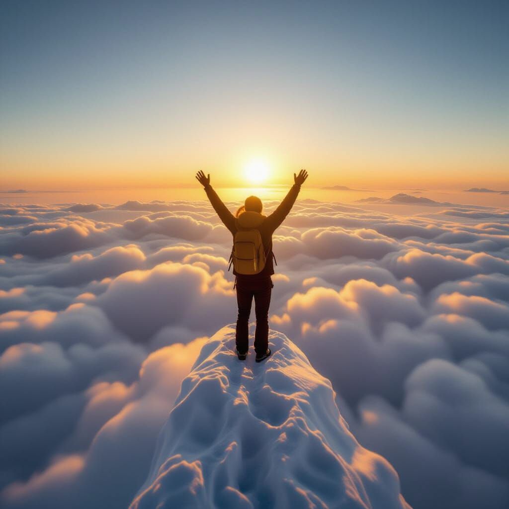Figure Standing on Clouds Reaching for Sky