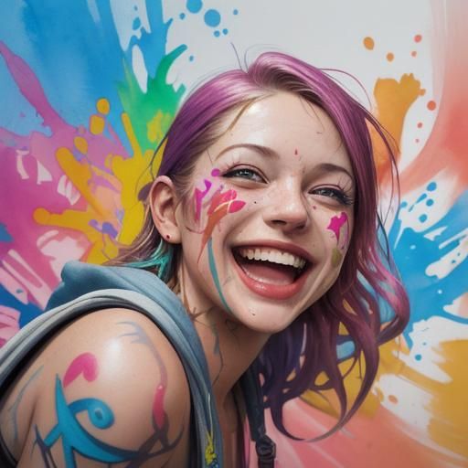 Watercolour style, graffitti art, Happy faces, people laughing, smiling, having fun   by @Feebleeona