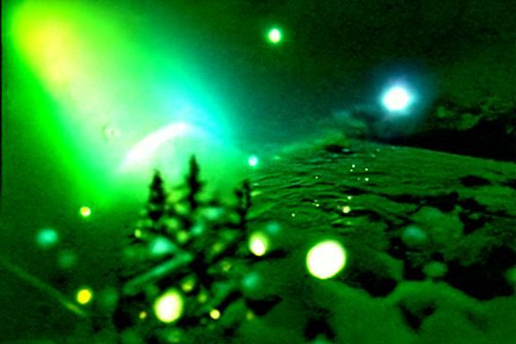 snowy lake by starlight; high detail; green starburst lens f...