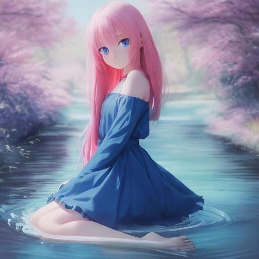 Anime Girl Playing by Stream in Pastel Colors