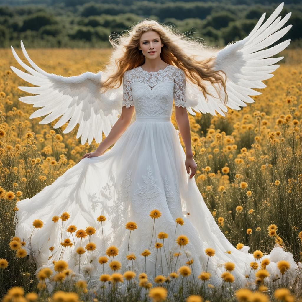 En una pradera mágica, una mujer ángel con alas grandes se encuentra de pie entre un mar de flores de dientes de león blancos. Su largo cabe...