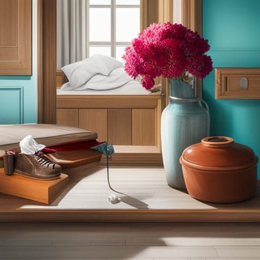 a bed, shoelaces, a stop sign, a vase, a tissue box, and a c...