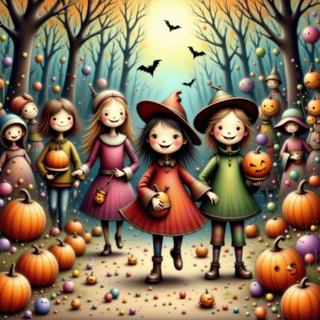 <lora:Storybook Halloween:1.0> Excited children trick-or-treating in cute costumes, candy buckets overflowing