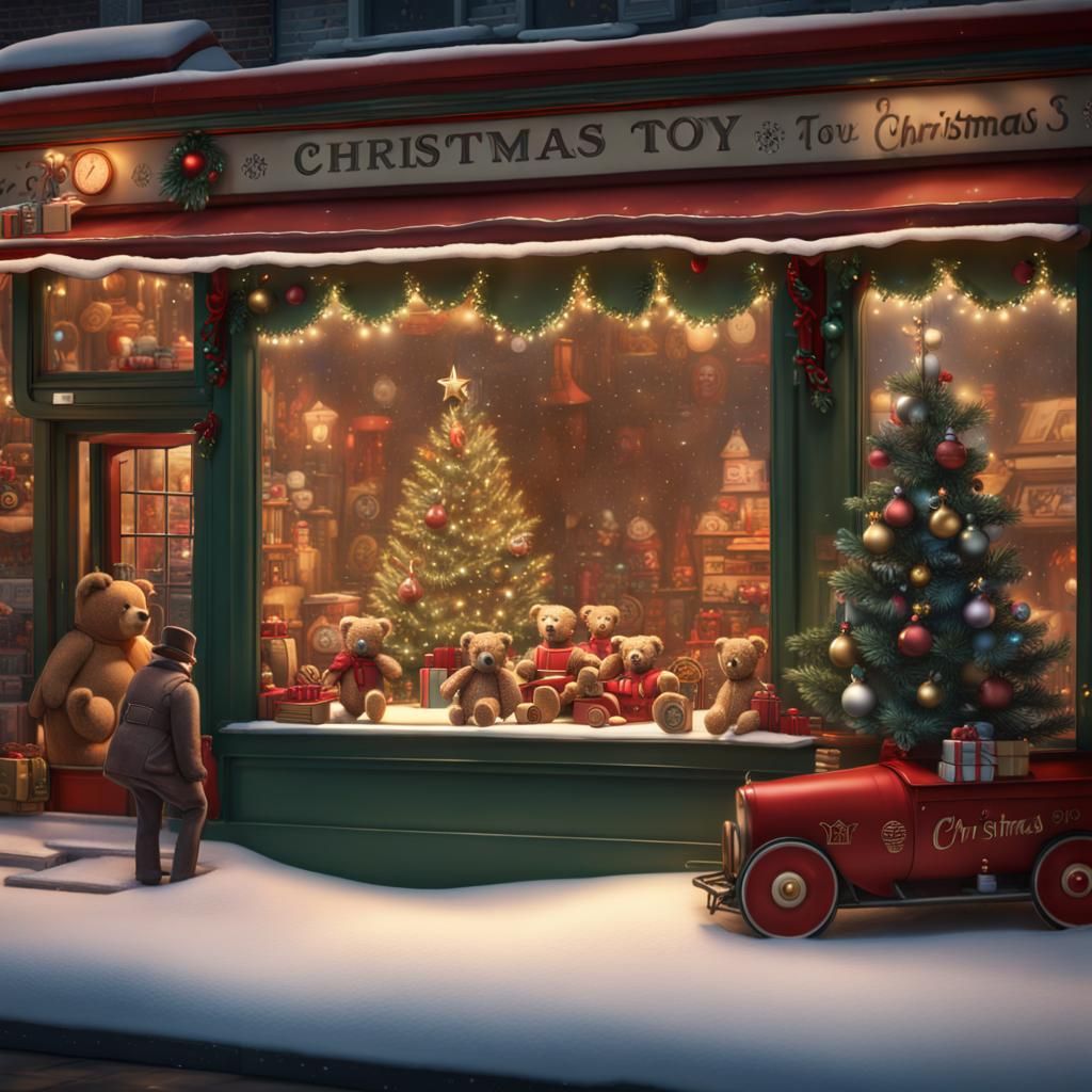 1950s Christmas toy shop window display with trains , teddy bears , and Christmas tree  by @MonikaW