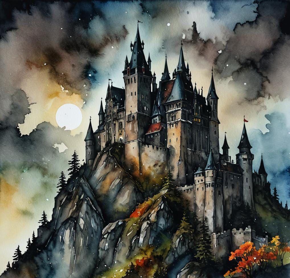 dracula's castle, alcohol ink, atmospheric  by @Pjrockey